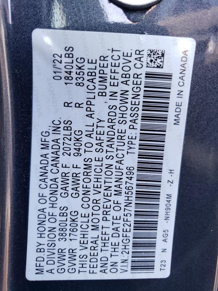 2022 HONDA CIVIC SPORT VIN:2HGFE2F57NH567496