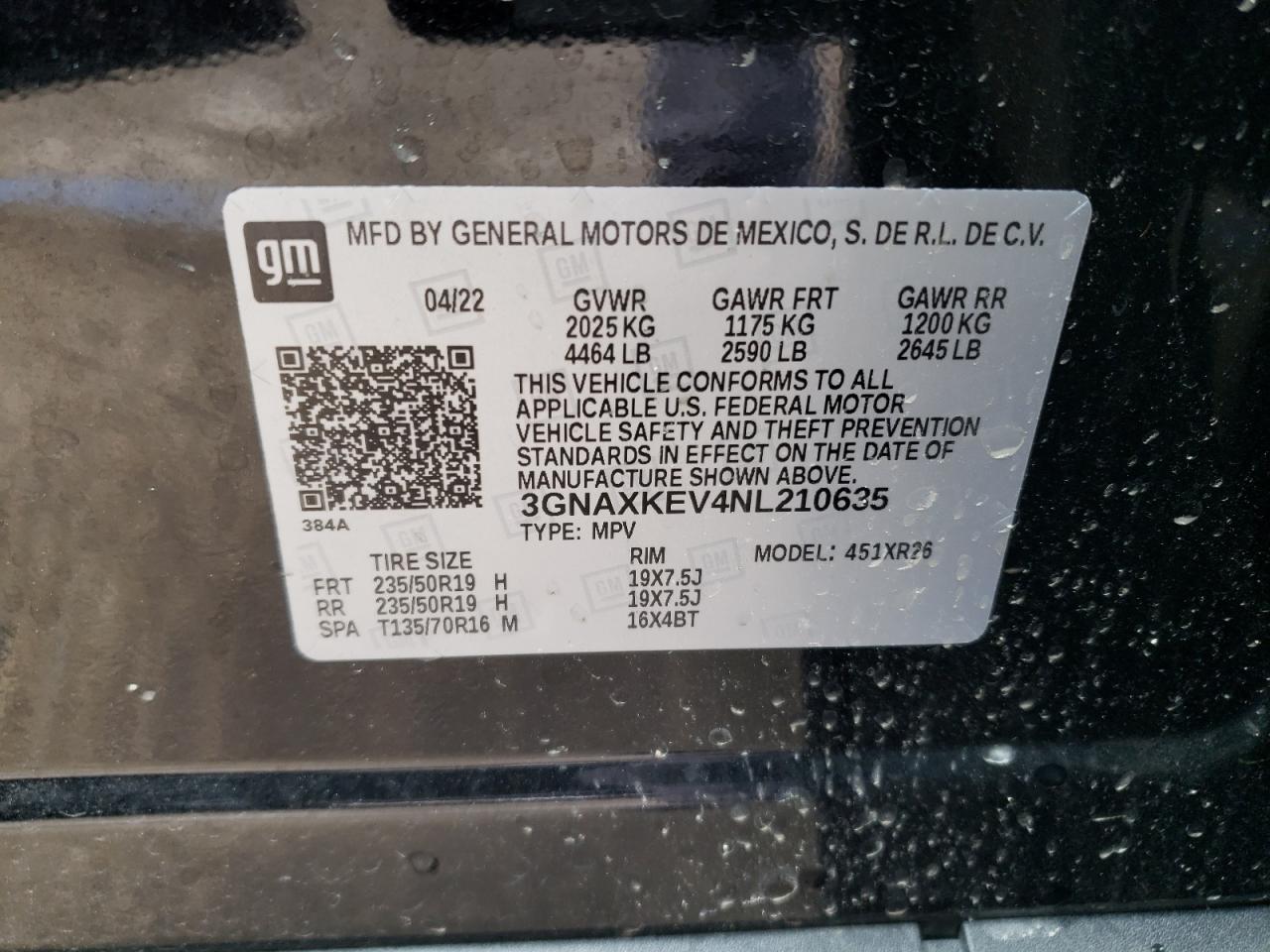 2022 CHEVROLET EQUINOX LT VIN:3GNAXKEV4NL210635