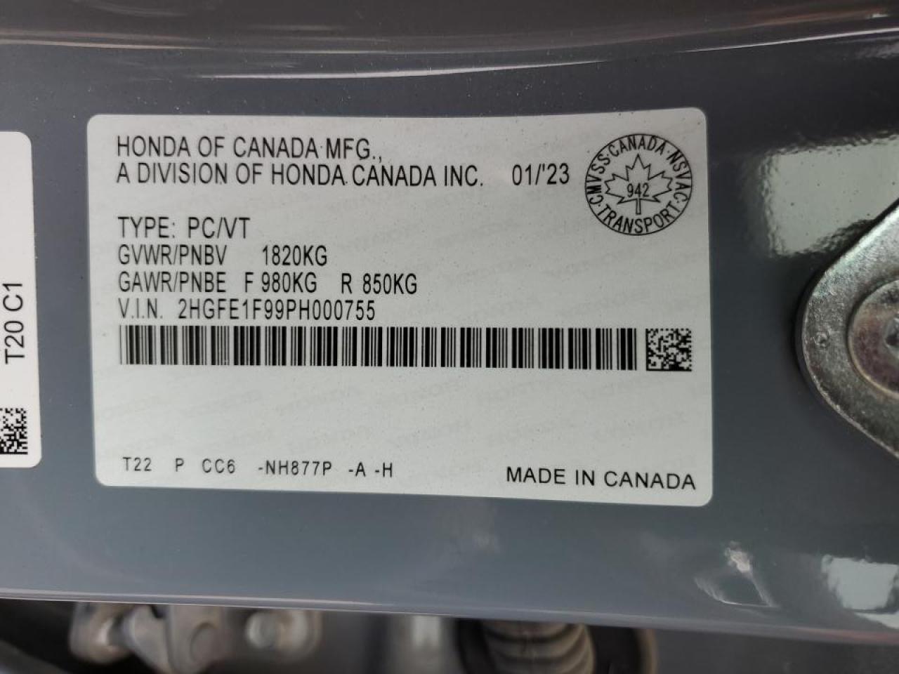 2023 HONDA CIVIC TOURING VIN:2HGFE1F99PH000755