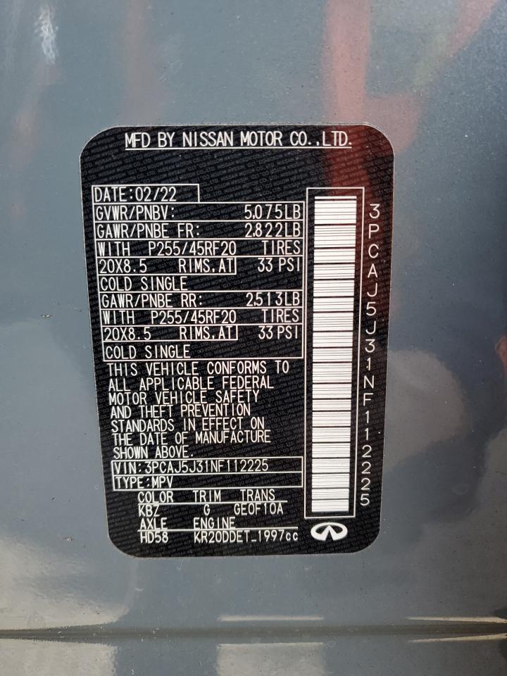 2022 INFINITI QX55 LUXE VIN:3PCAJ5J31NF112225