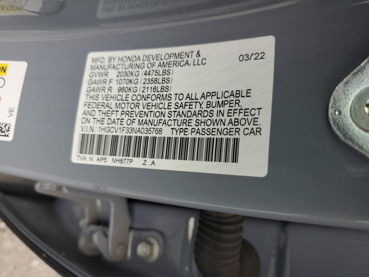 2022 HONDA ACCORD SPORT VIN:1HGCV1F33NA035768