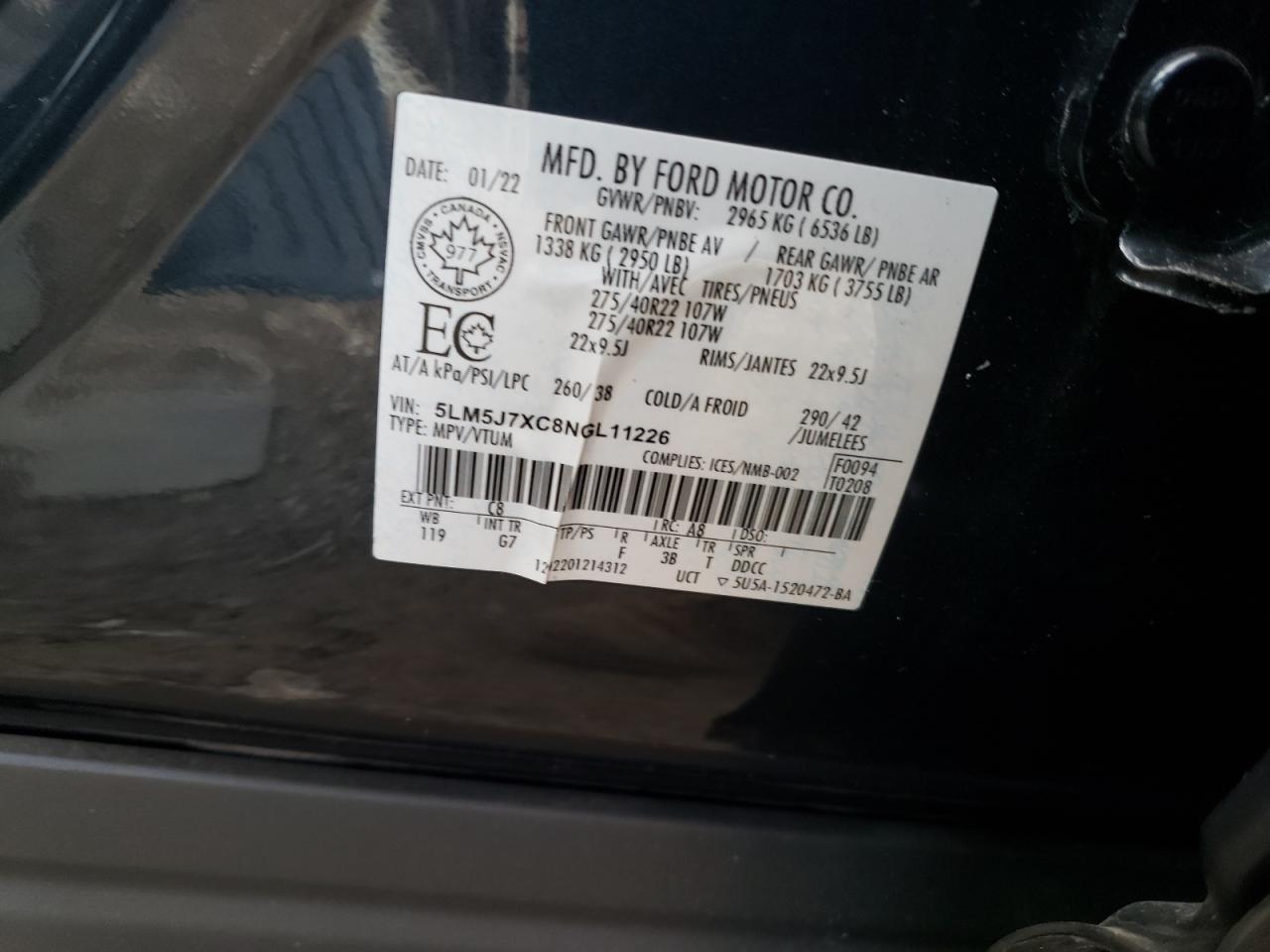 2022 LINCOLN AVIATOR RESERVE VIN:5LM5J7XC8NGL11226