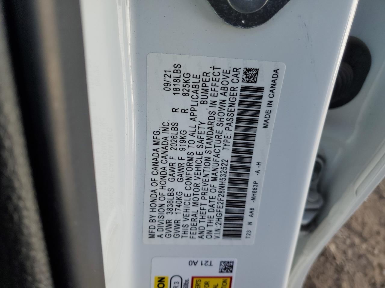 2022 HONDA CIVIC LX VIN:2HGFE2F28NH532522