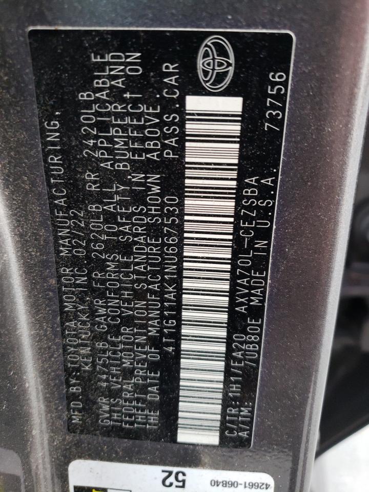 2022 TOYOTA CAMRY SE VIN:4T1G11AK1NU667530