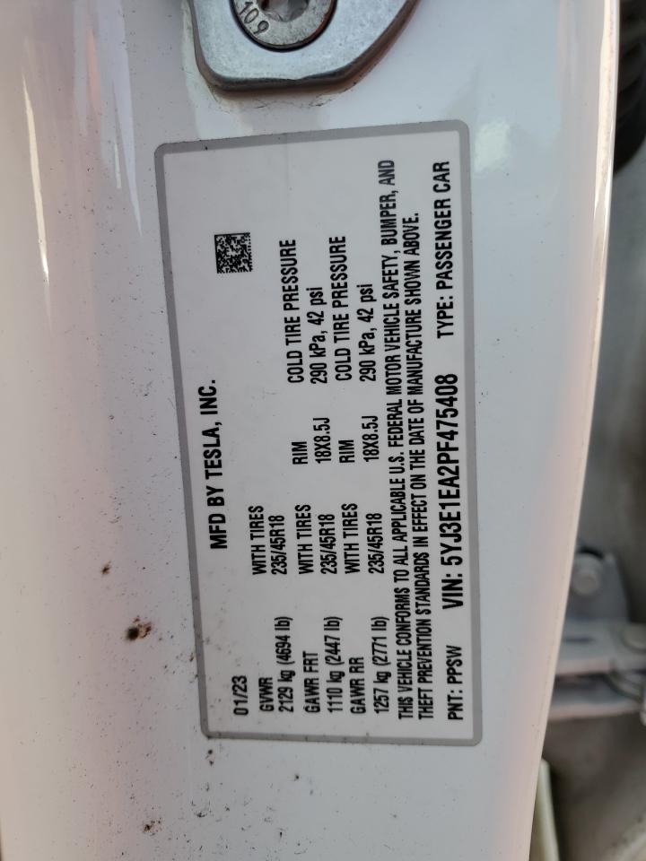 2023 TESLA MODEL 3 VIN:5YJ3E1EA2PF475408