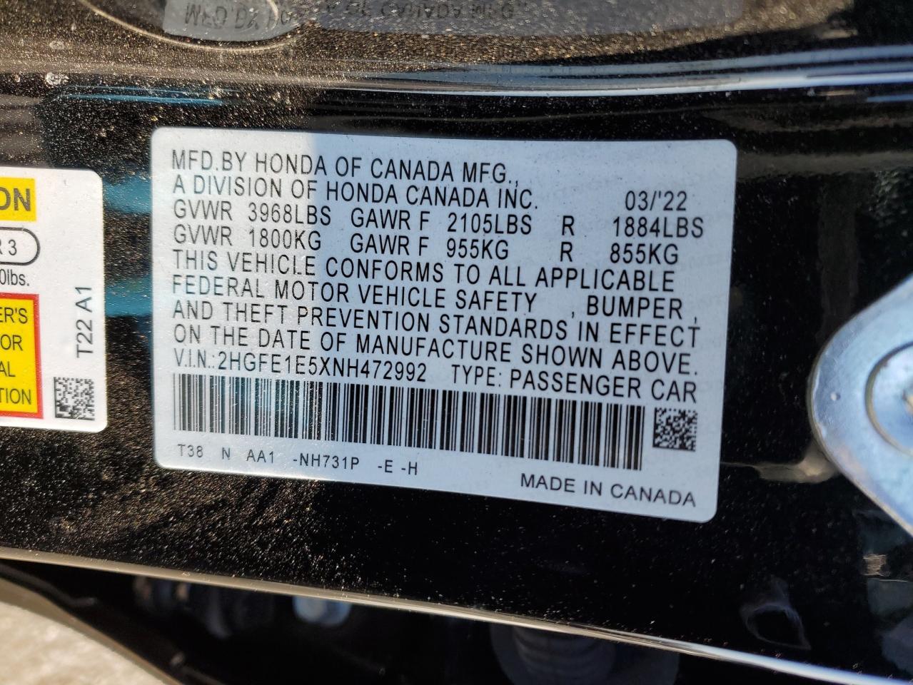 2022 HONDA CIVIC SI VIN:2HGFE1E5XNH472992