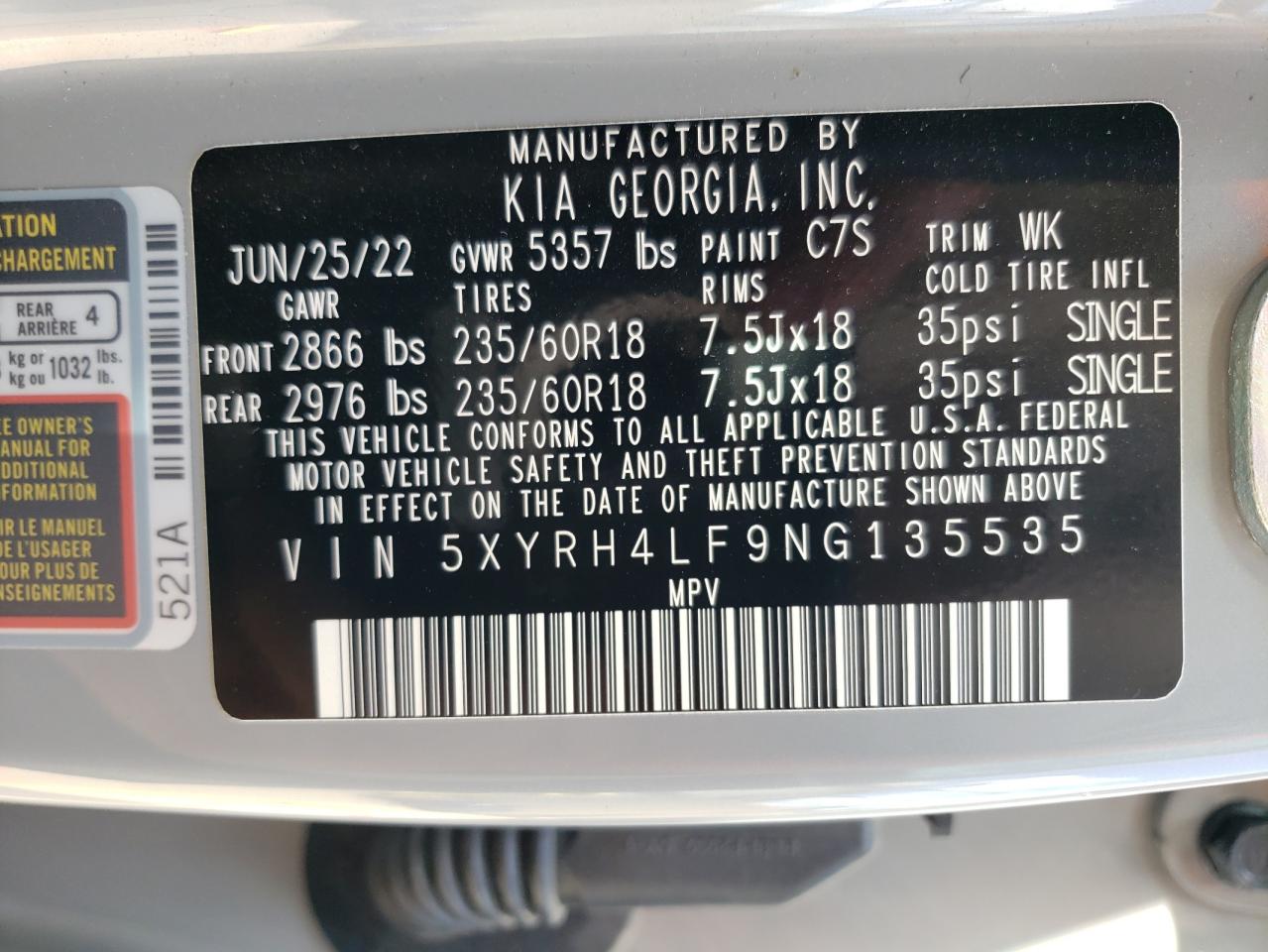 2022 KIA SORENTO EX VIN:5XYRH4LF9NG135535