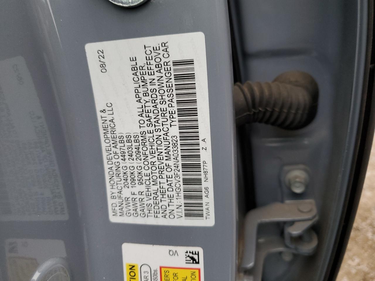 2022 HONDA ACCORD HYBRID SPORT VIN:1HGCV3F24NA033823