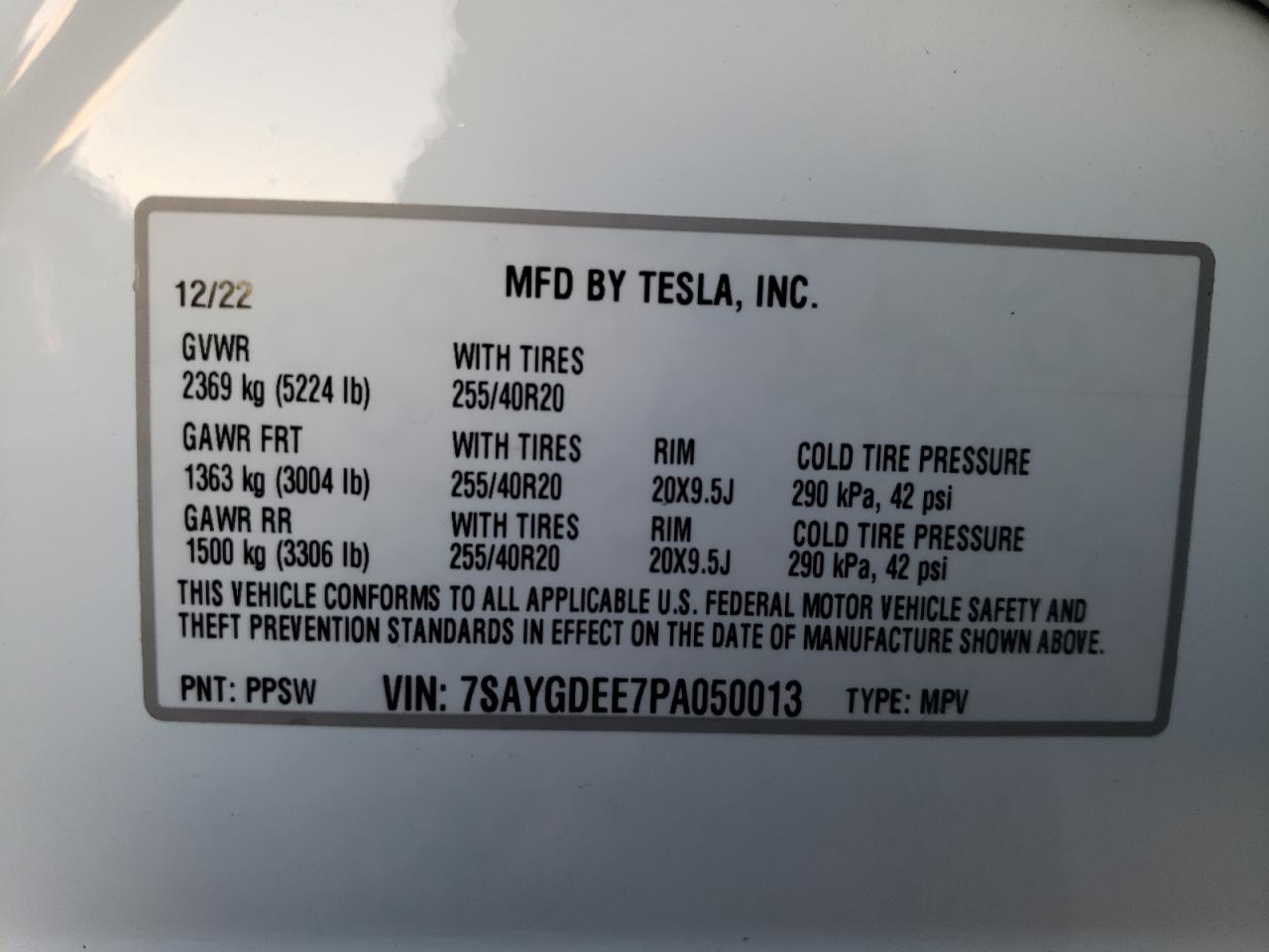 2023 TESLA MODEL Y VIN:7SAYGDEE7PA050013