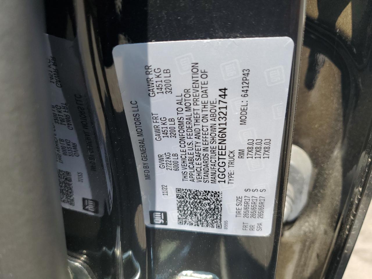 2022 CHEVROLET COLORADO ZR2 VIN:1GCGTEEN6N1321744