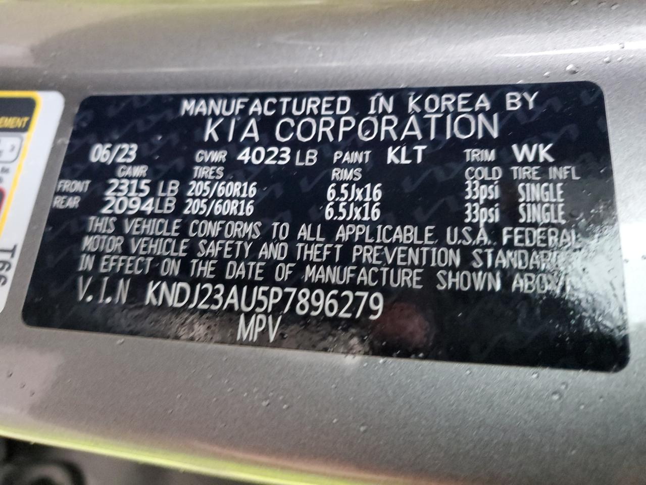 2023 KIA SOUL LX VIN:KNDJ23AU5P7896279