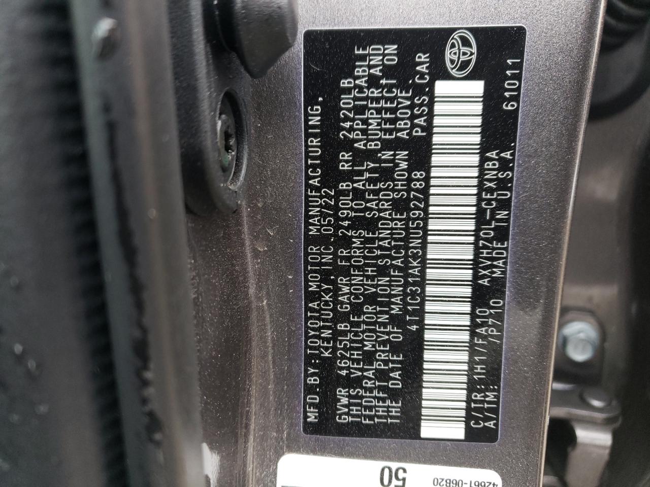 2022 TOYOTA CAMRY LE VIN:4T1C31AK3NU592788