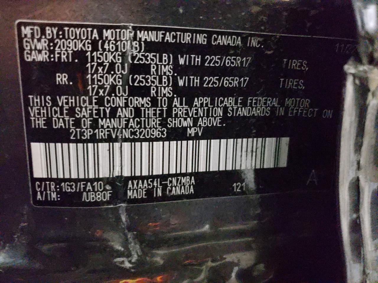 2022 TOYOTA RAV4 XLE VIN:2T3P1RFV4NC320963