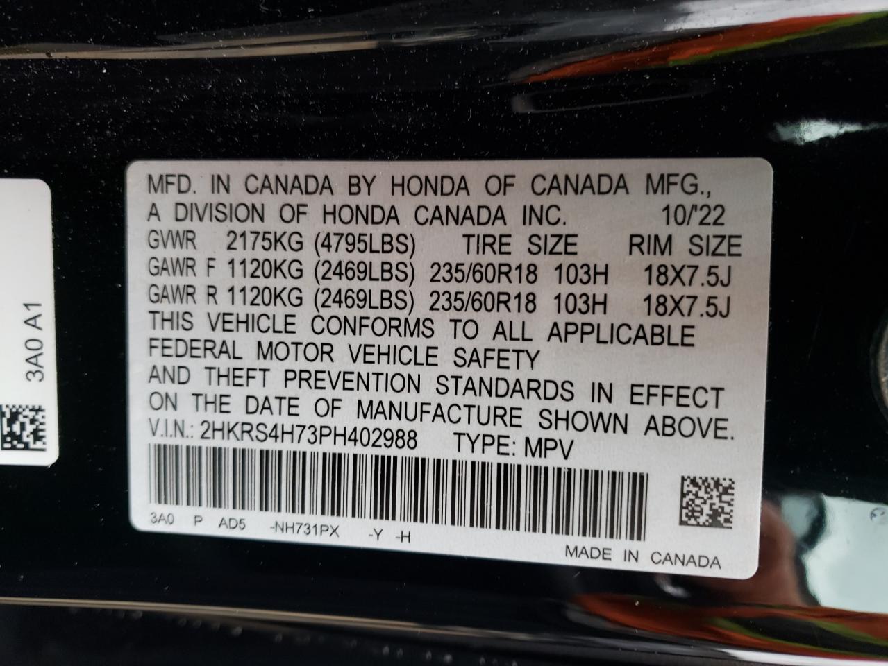 2023 HONDA CR-V EXL VIN:2HKRS4H73PH402988