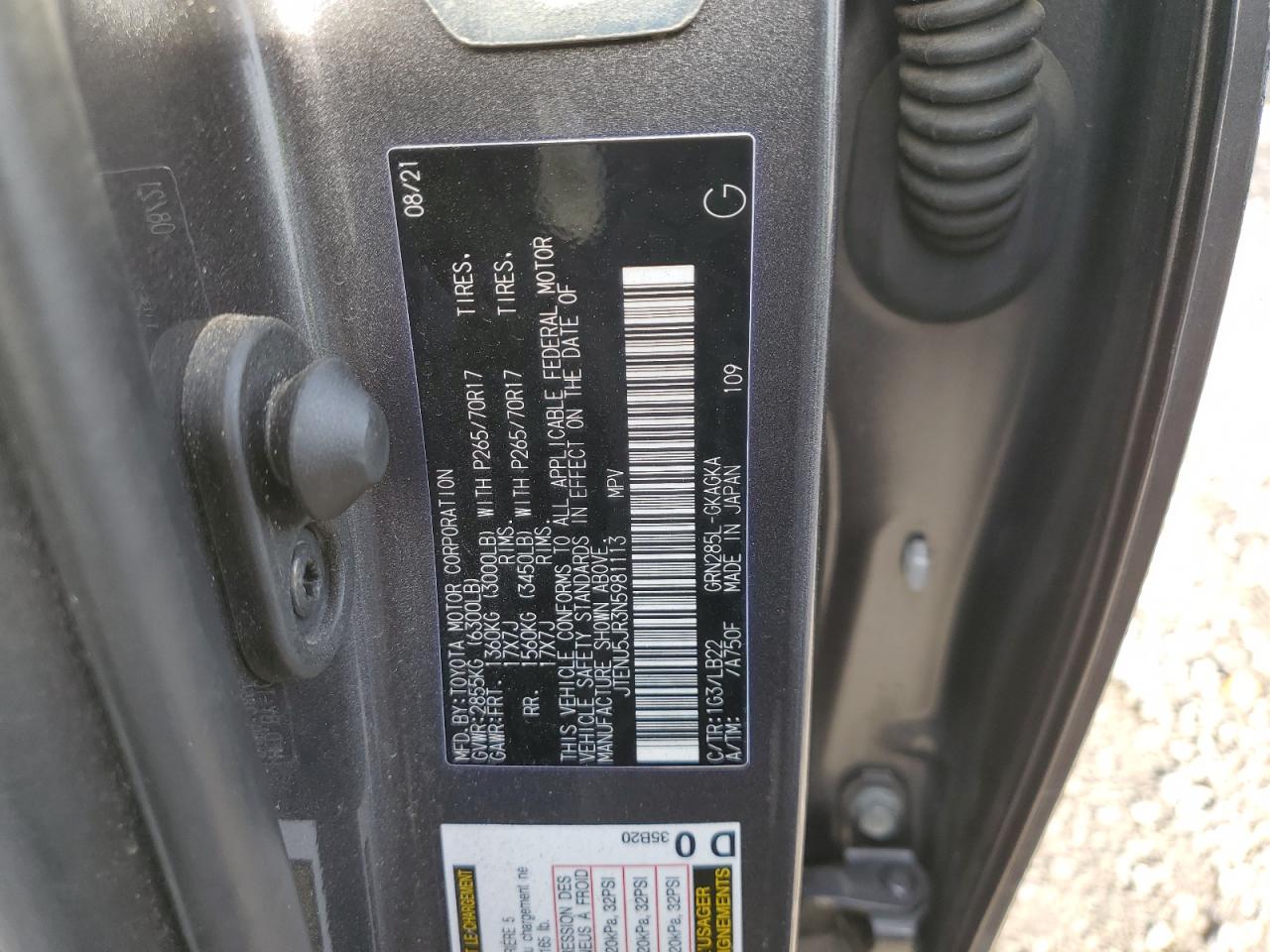 2022 TOYOTA 4RUNNER SR5/SR5 PREMIUM VIN:JTENU5JR3N5981113