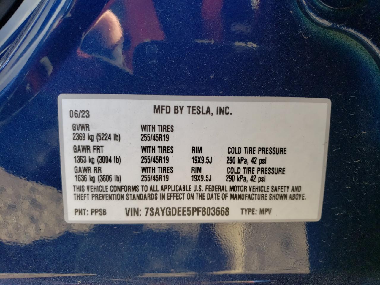 2023 TESLA MODEL Y VIN:7SAYGDEE5PF803668