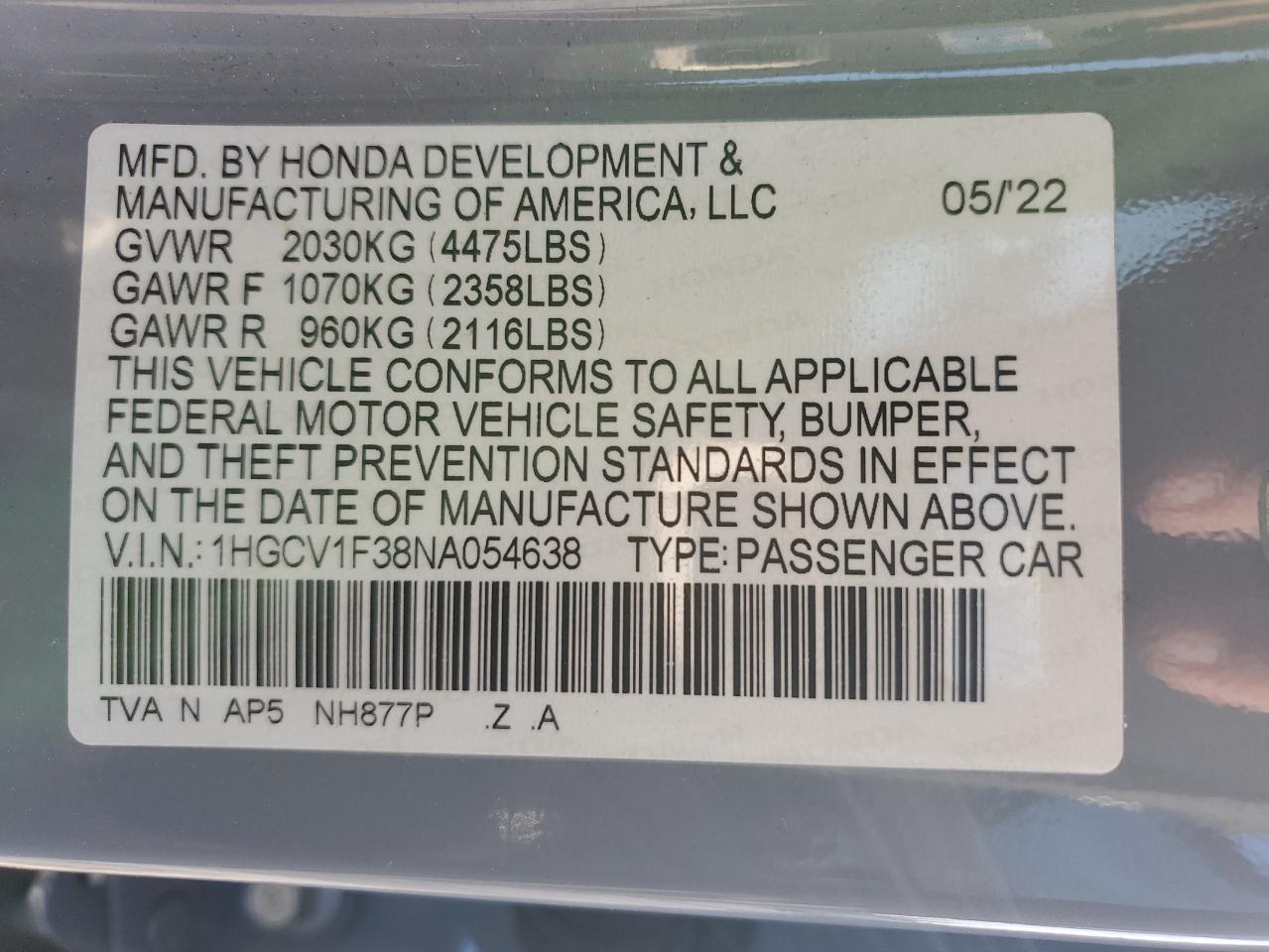 2022 HONDA ACCORD SPORT VIN:1HGCV1F38NA054638