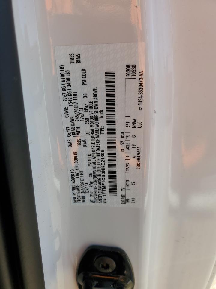2022 FORD F150 VIN:1FTMF1CB3NKE21306