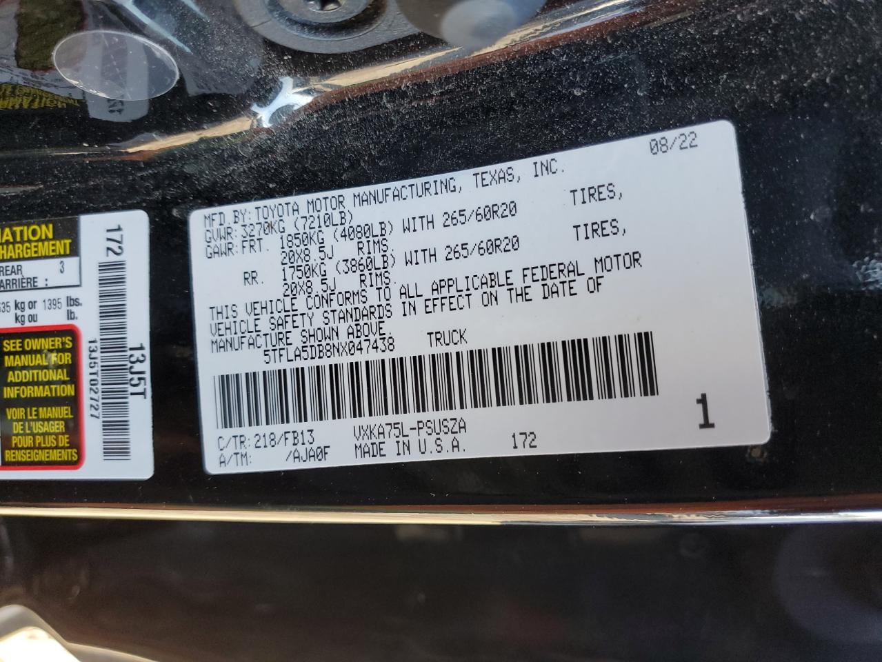 2022 TOYOTA TUNDRA CREWMAX SR VIN:5TFLA5DB8NX047438