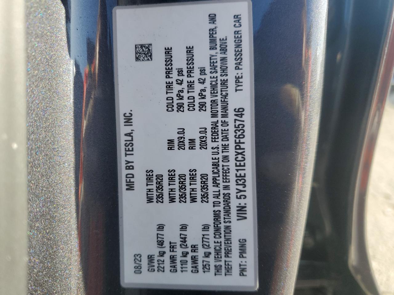 2023 TESLA MODEL 3 VIN:5YJ3E1ECXPF635746