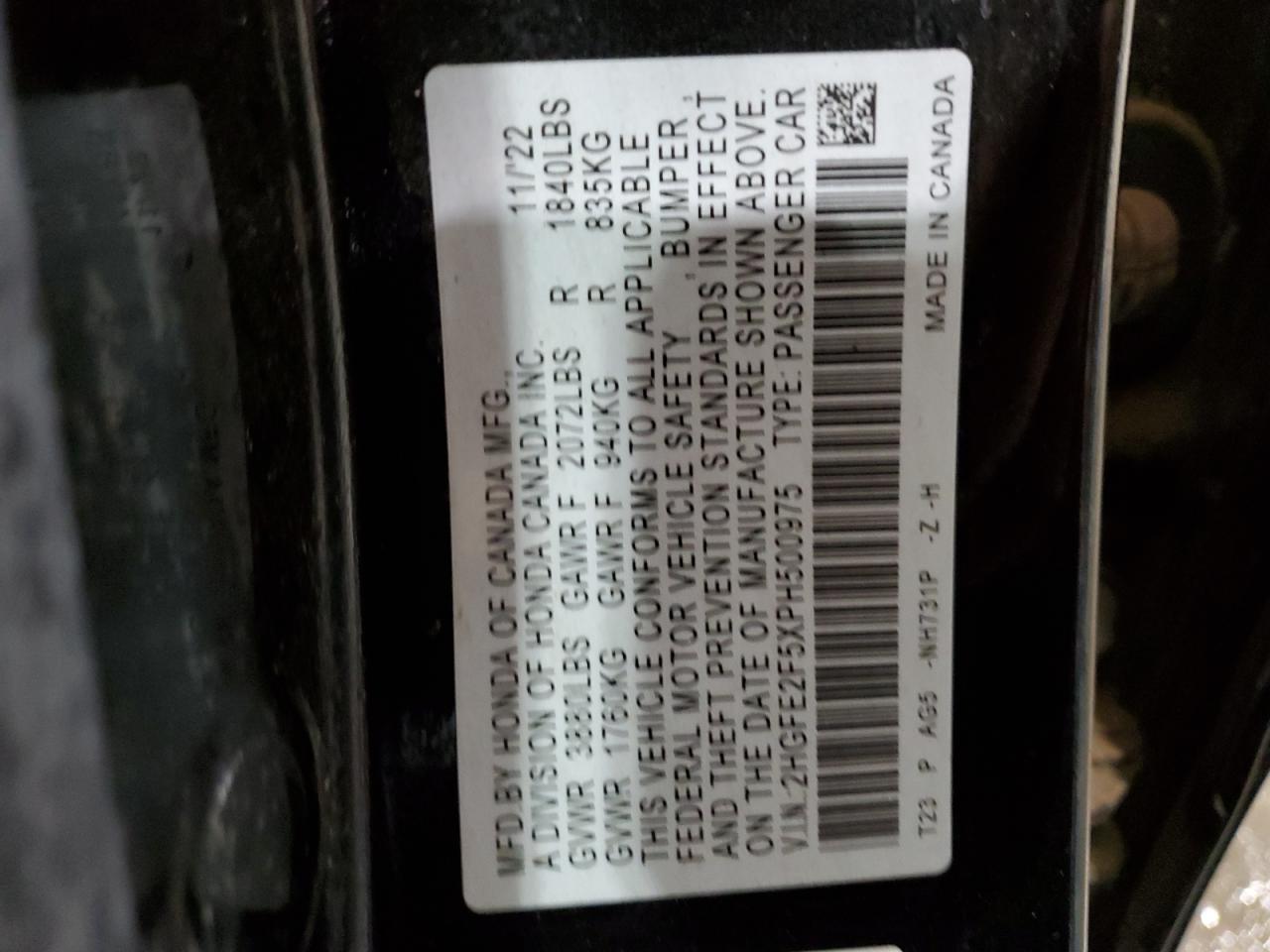 2023 HONDA CIVIC SPORT VIN:2HGFE2F5XPH500975