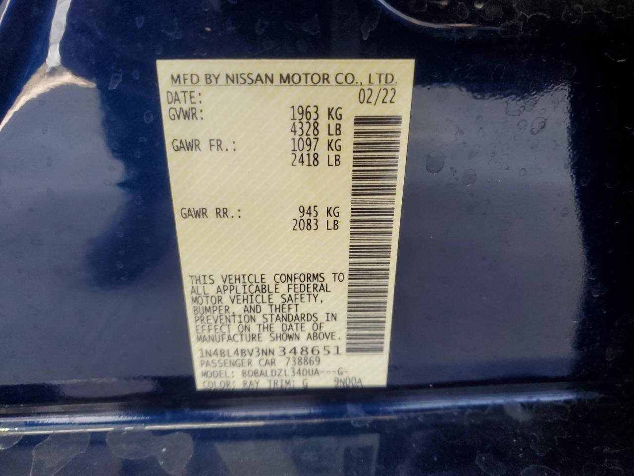 2022 NISSAN ALTIMA S VIN:1N4BL4BV3NN348651