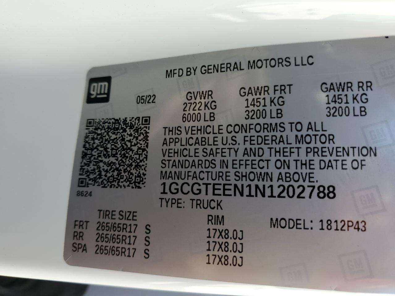 2022 CHEVROLET COLORADO ZR2 VIN:1GCGTEEN1N1202788