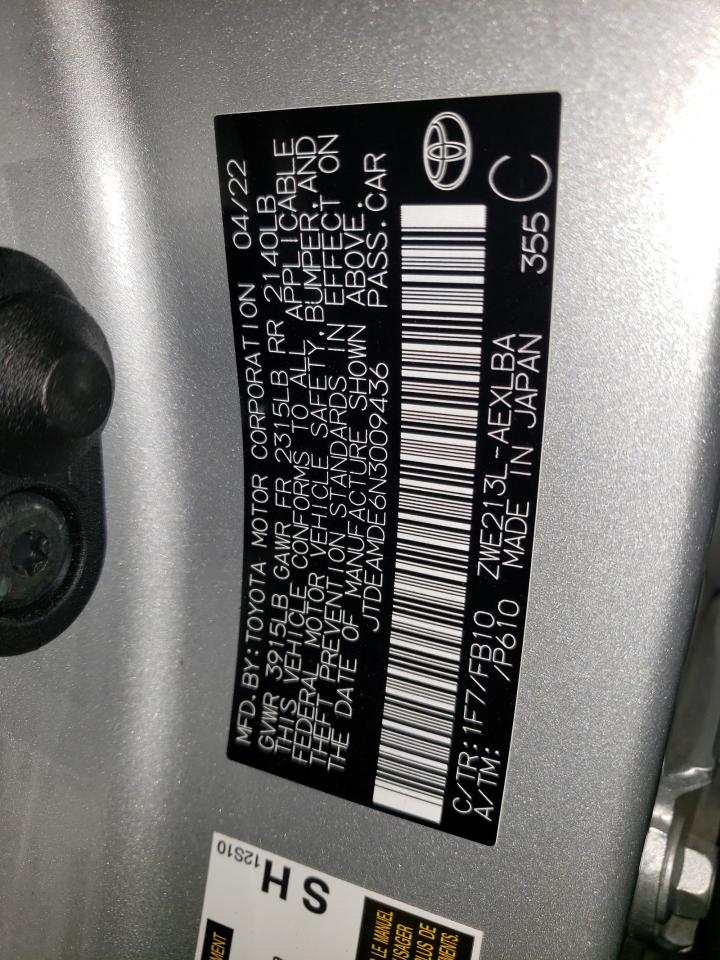 2022 TOYOTA COROLLA LE VIN:JTDEAMDE6N3009436