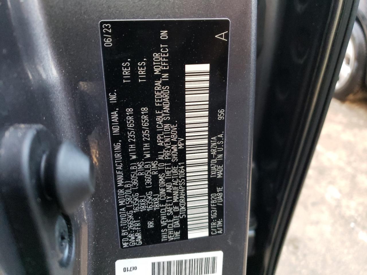 2023 TOYOTA HIGHLANDER L VIN:5TDKDRAH4PS510641