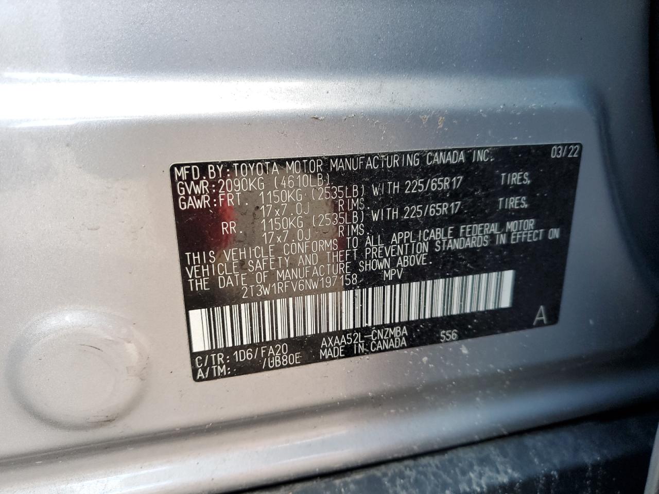 2022 TOYOTA RAV4 XLE VIN:2T3W1RFV6NW197158