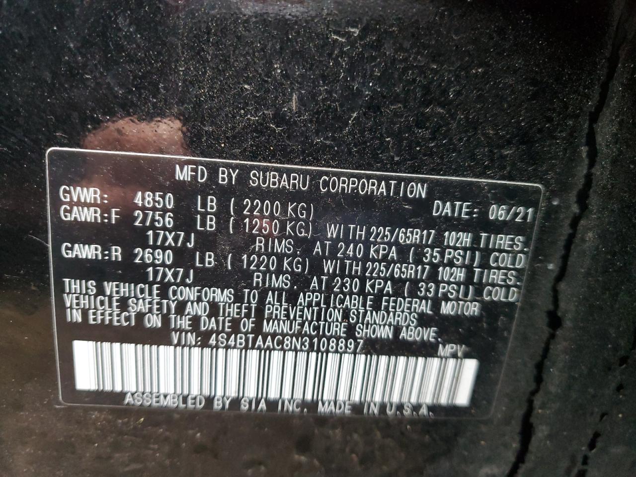 2022 SUBARU OUTBACK VIN:4S4BTAAC8N3108897