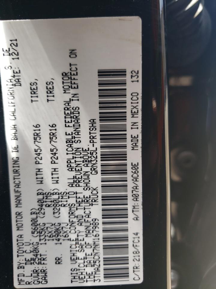 2022 TOYOTA TACOMA DOUBLE CAB VIN:3TMAZ5CN7NM167989