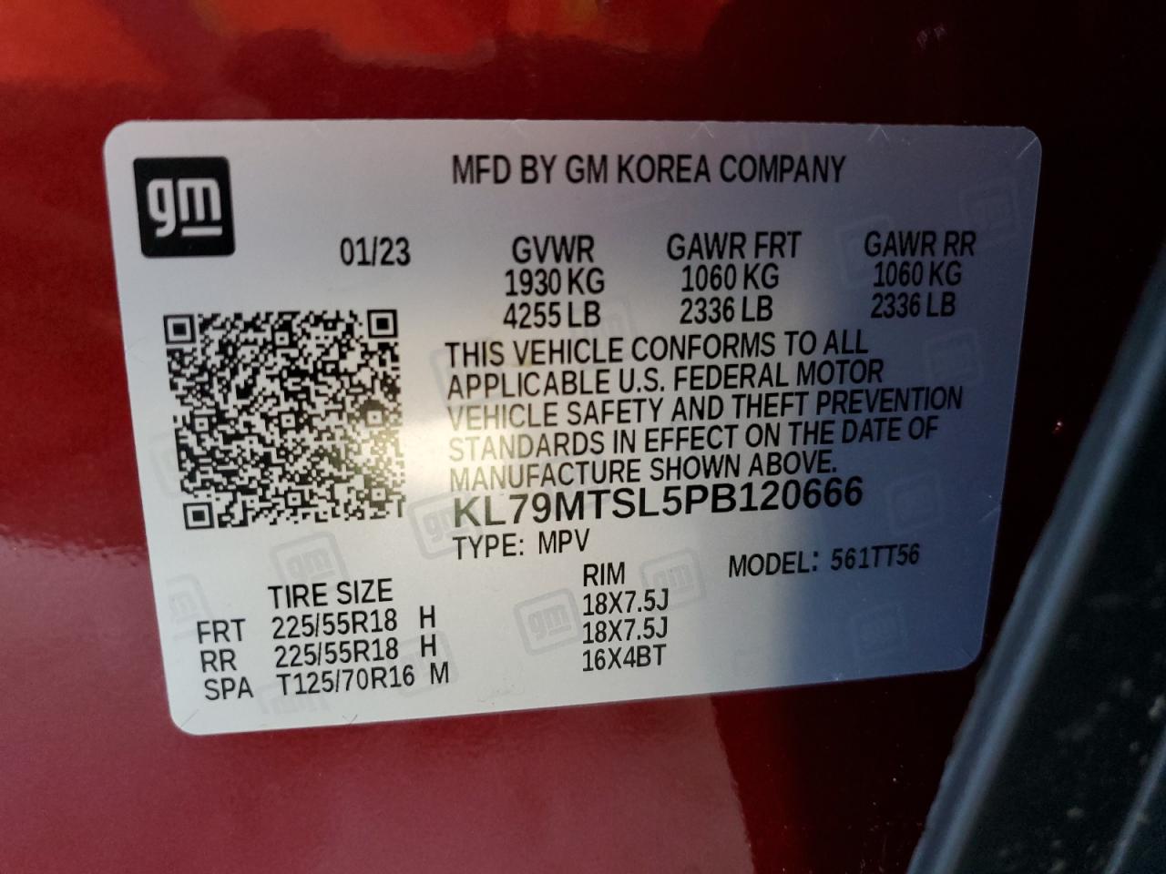 2023 CHEVROLET TRAILBLAZER RS VIN:KL79MTSL5PB120666