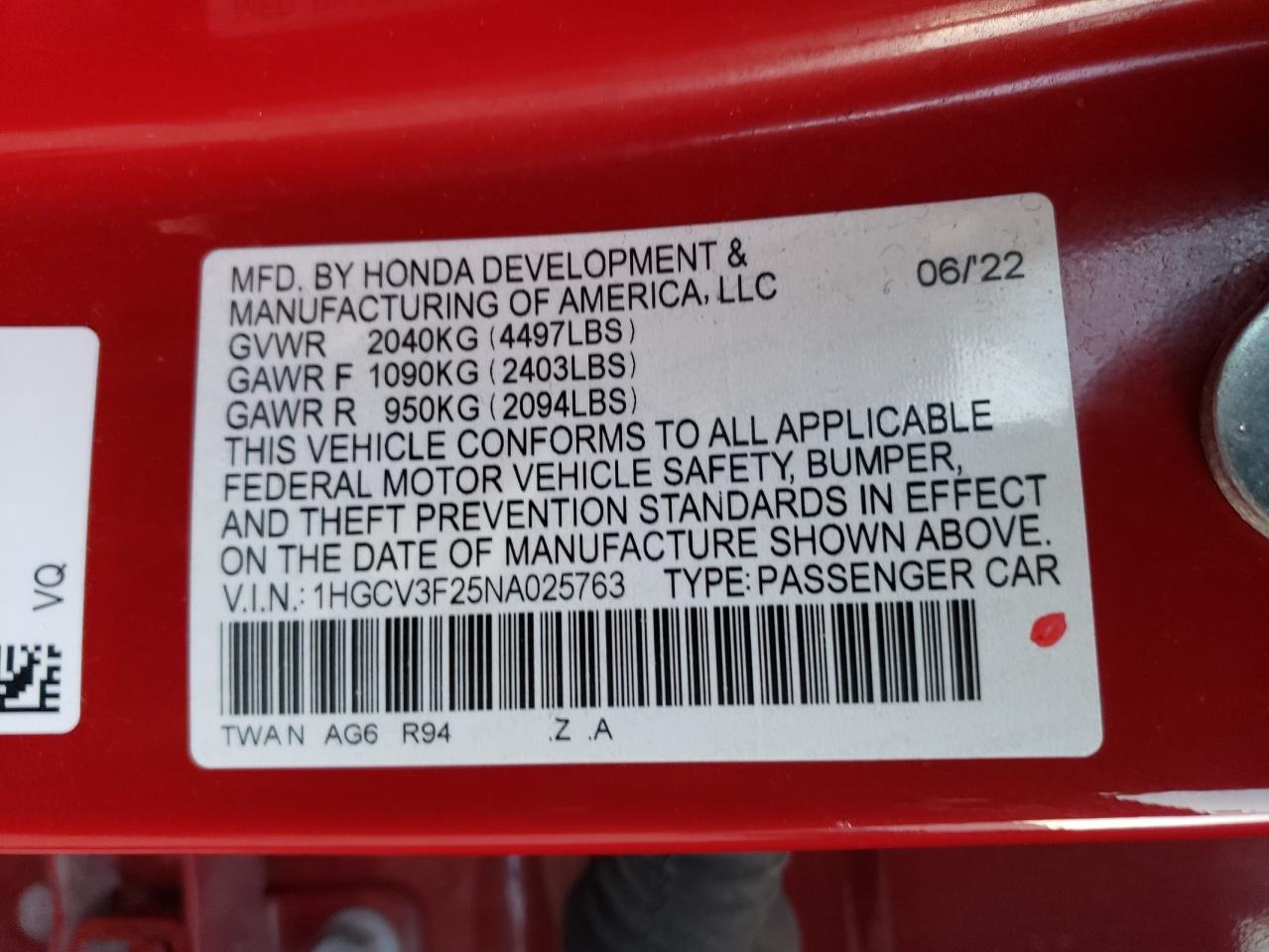 2022 HONDA ACCORD HYBRID SPORT VIN:1HGCV3F25NA025763