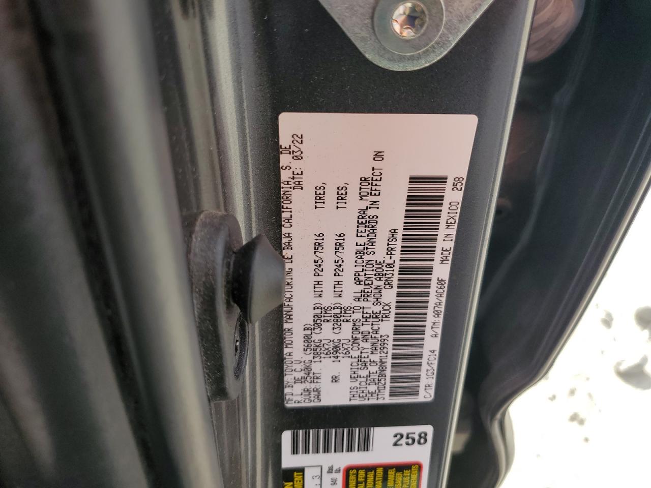 2022 TOYOTA TACOMA DOUBLE CAB VIN:3TMDZ5BN8NM129993