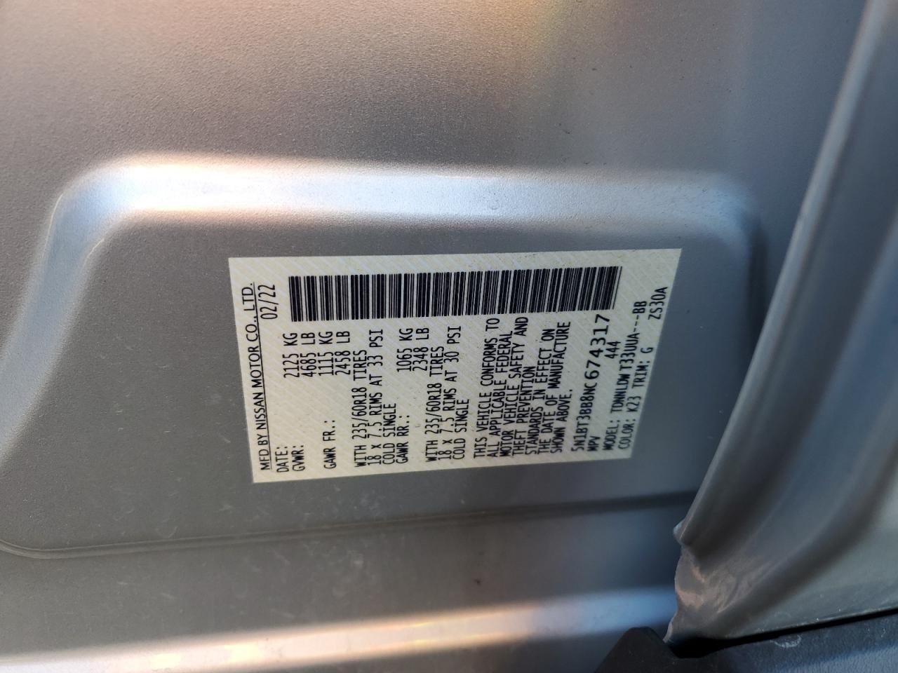 2022 NISSAN ROGUE SV VIN:5N1BT3BB8NC674317