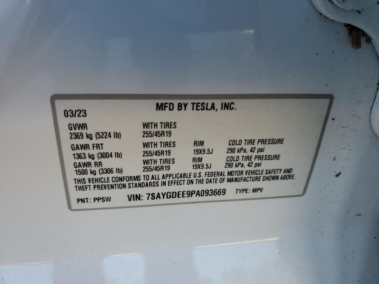 2023 TESLA MODEL Y VIN:7SAYGDEE9PA093669