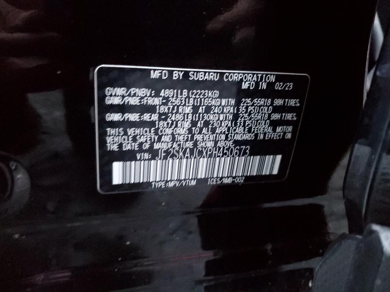 2023 SUBARU FORESTER SPORT VIN:JF2SKAJCXPH450673