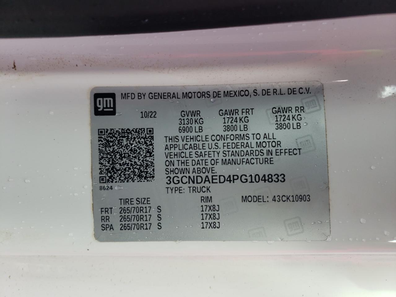 2023 CHEVROLET SILVERADO K1500 VIN:3GCNDAED4PG104833