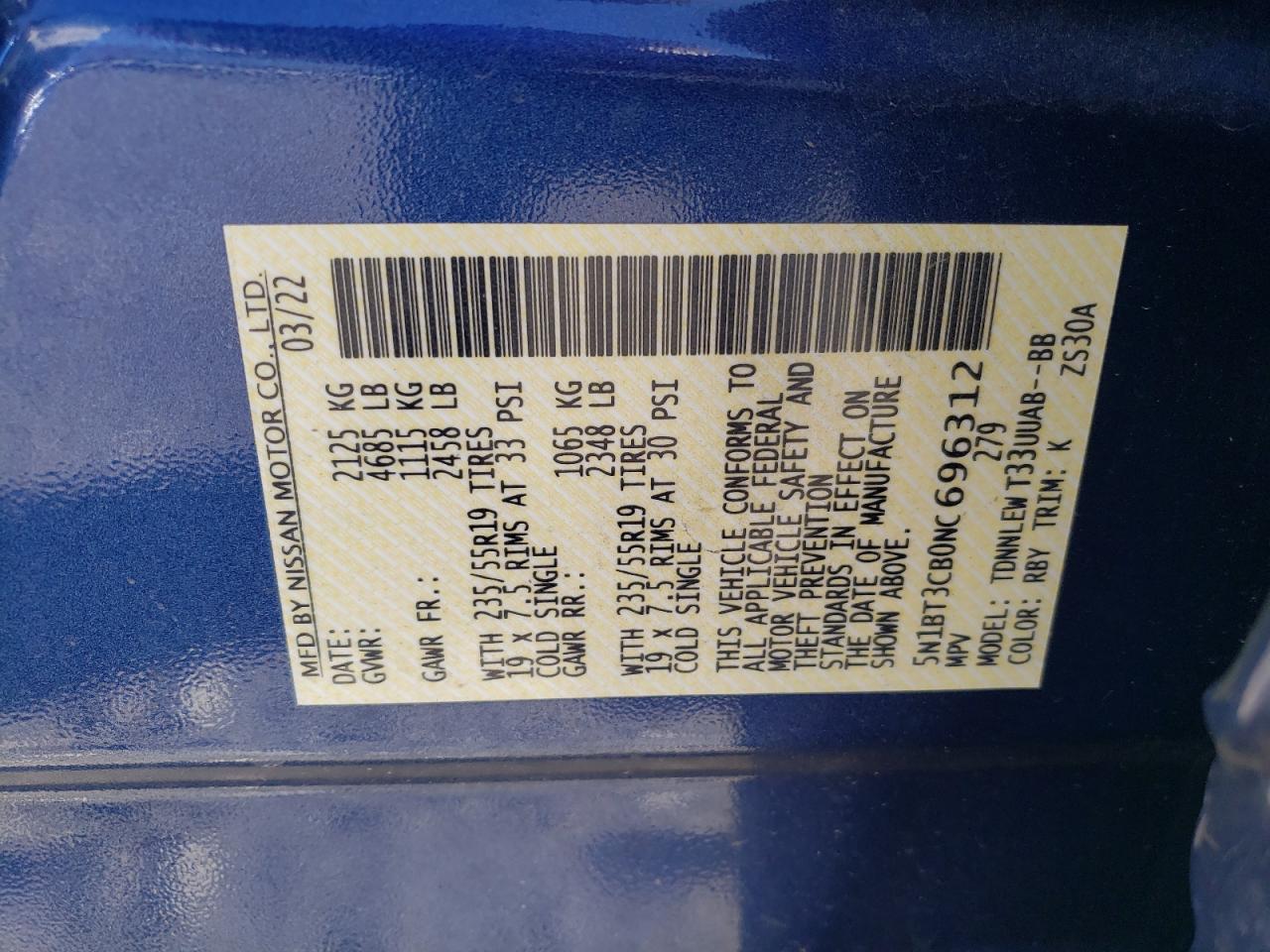 2022 NISSAN ROGUE SL VIN:5N1BT3CB0NC696312