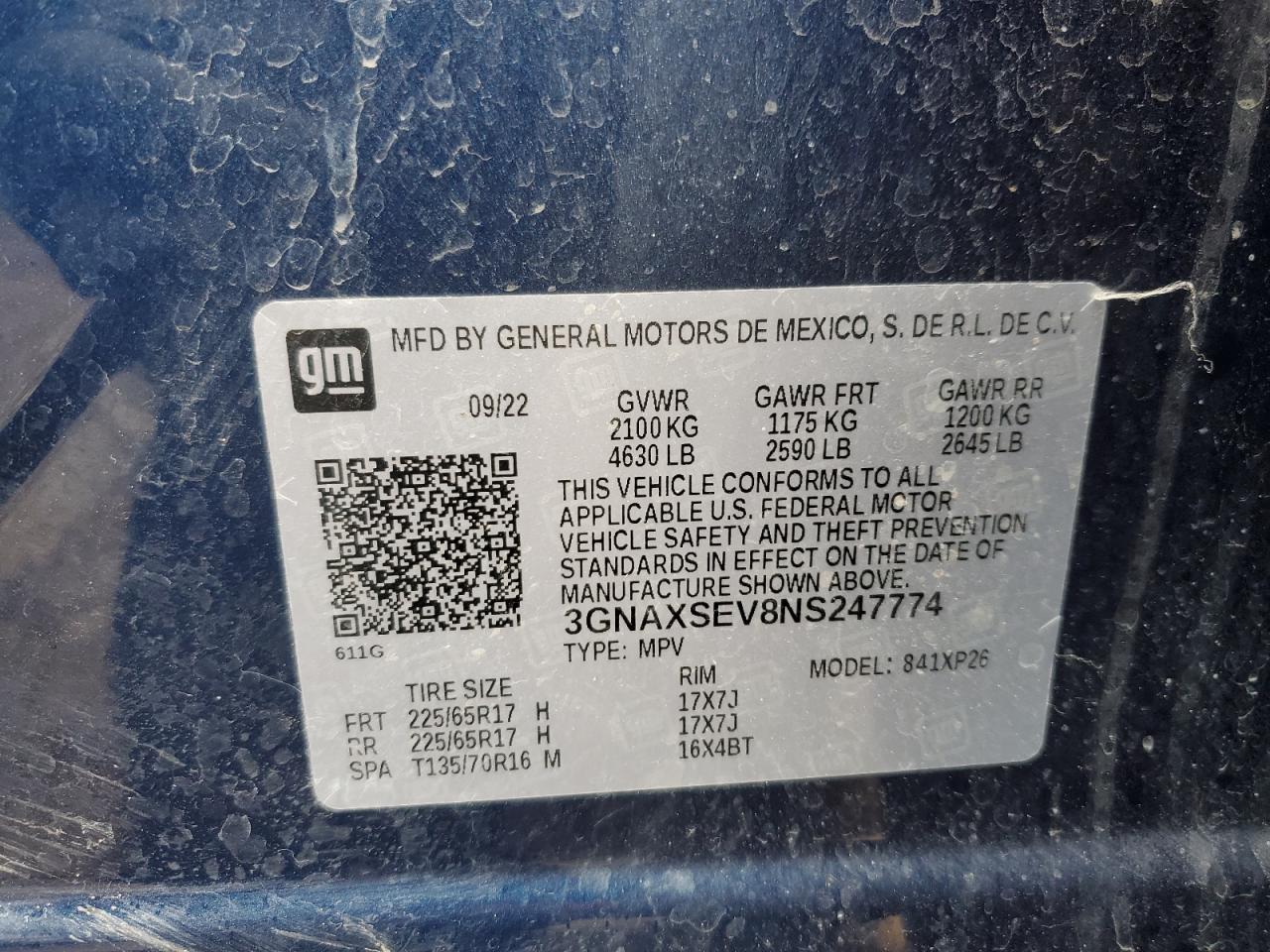 2022 CHEVROLET EQUINOX LS VIN:3GNAXSEV8NS247774