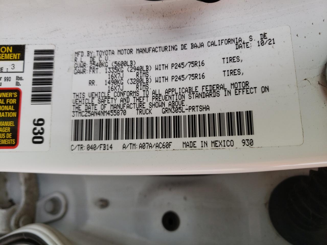 2022 TOYOTA TACOMA DOUBLE CAB VIN:3TMCZ5AN4NM455870