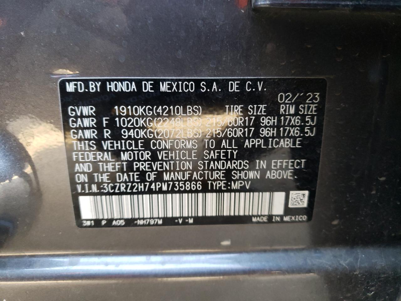 2023 HONDA HR-V EXL VIN:3CZRZ2H74PM735866