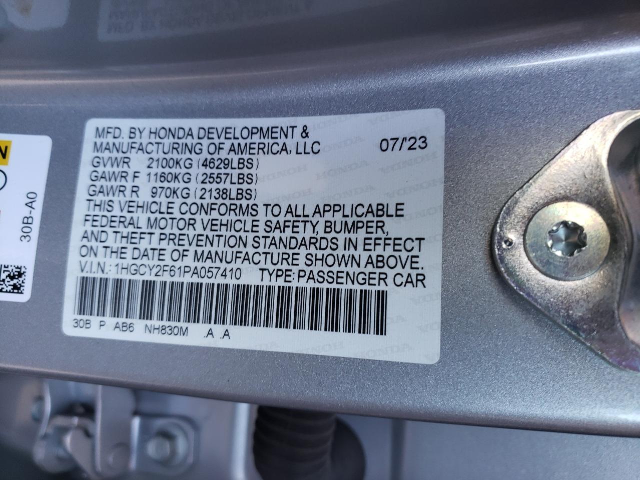 2023 HONDA ACCORD HYBRID EXL VIN:1HGCY2F61PA057410