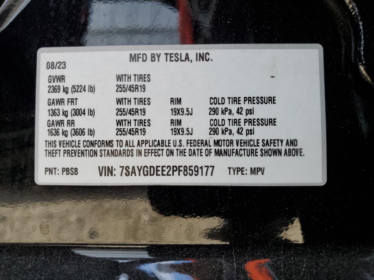 2023 TESLA MODEL Y VIN:7SAYGDEE2PF859177