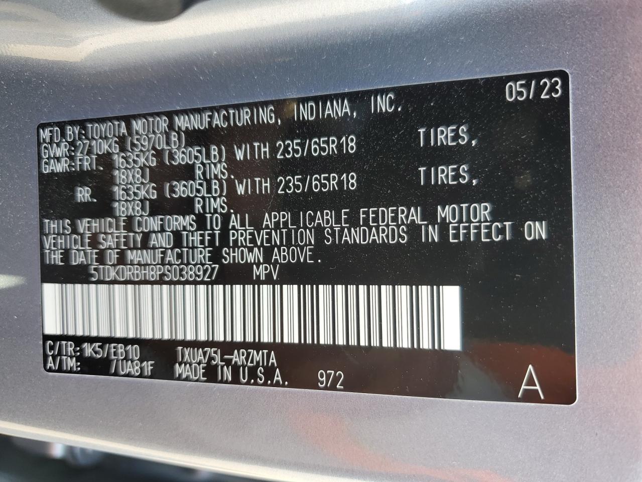 2023 TOYOTA HIGHLANDER L VIN:5TDKDRBH8PS038927