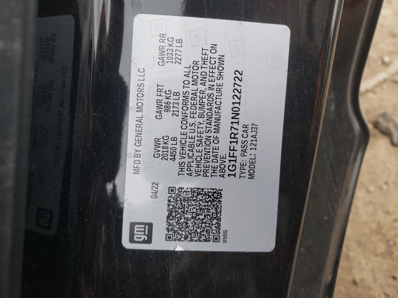 2022 CHEVROLET CAMARO LT1 VIN:1G1FF1R71N0122722