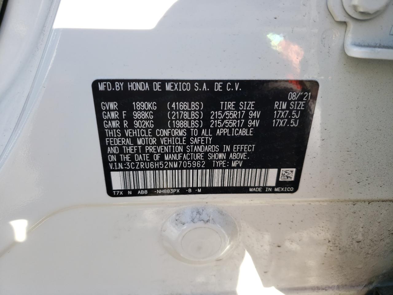 2022 HONDA HR-V EX VIN:3CZRU6H52NM705962