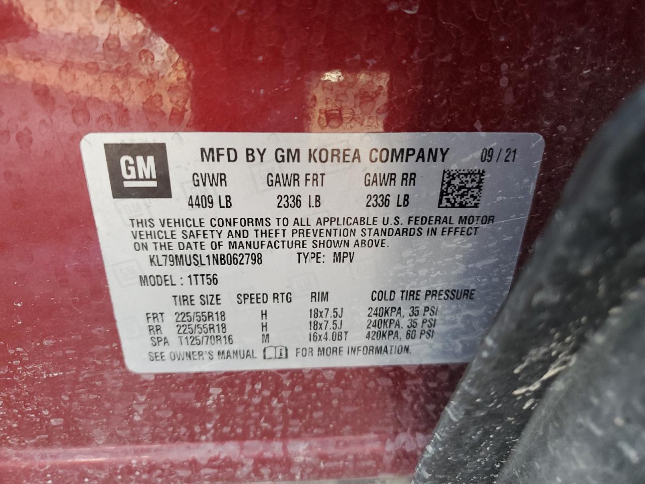 2022 CHEVROLET TRAILBLAZER RS VIN:KL79MUSL1NB062798