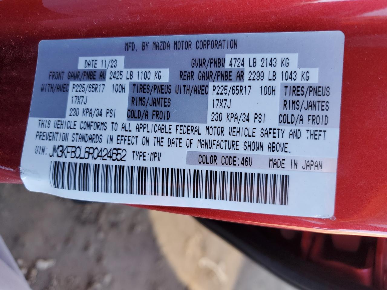 2024 MAZDA CX-5 PREFERRED VIN:JM3KFBCL6R0424652